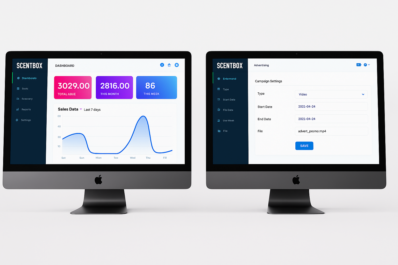 SCENTBOX smart management system dashboard showing real-time sales analytics