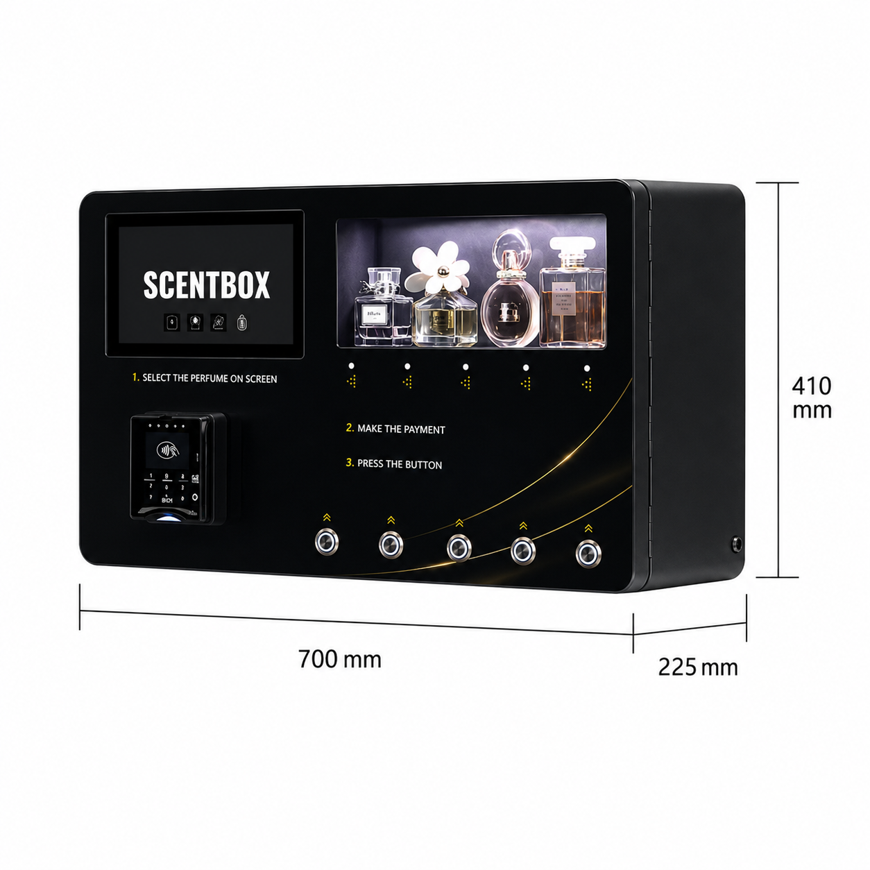 SCENTBOX machine dimensions - 700mm wide by 410mm high by 225mm deep